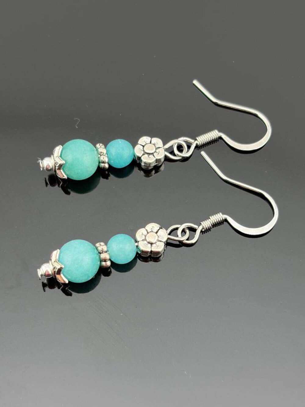 Dainty Amazonite Gemstone Bead Silver Flower Handmade Handcrafted Earrings LR234